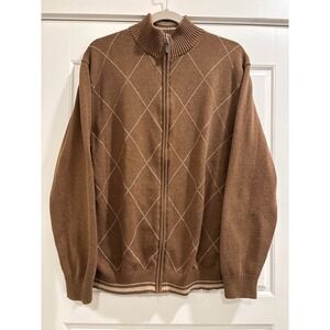 Tasso Elba Mens Brown Argyle Full Zip Cotton Cardigan Sweater Large
